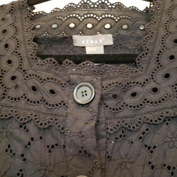 Black Eyelet Tunic Top, Drawstring Waist, Button Front, Square neckline, Size S - Picture 2 of 5